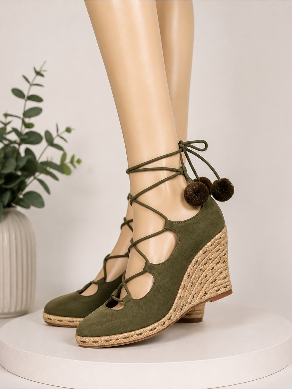 Tory Burch Olive Green Lace-Up Espadrille Wedge Sandals